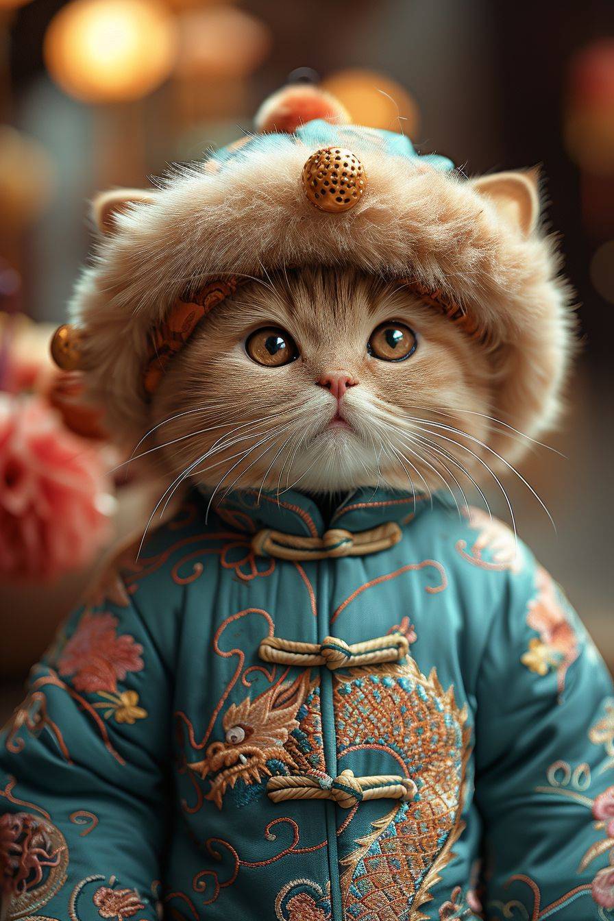 A fluffy fat cat in a jumpsuit resembling a dragon doll celebrating Chinese New Year at various world landmarks, cute costume, pastel color, cheerful lighting, ultra HD, photorealistic, happy mood