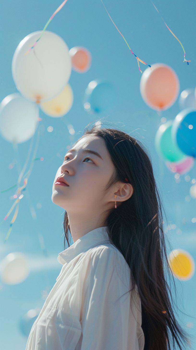 A 19-year-old cute Chinese girl stands under the sky, long hair, front view, colorful balloons in the sky, extra long shot, airy and light, dreamy lofi photography, super detail dreamy lofi photography, colorful, inside view, shot on fujifilm XT4 --ar 9:16 --v 6