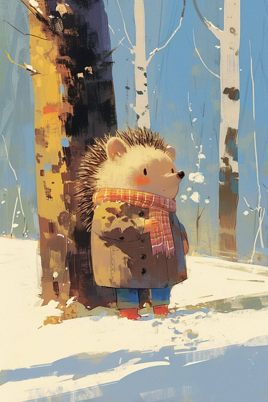 A cute little hedgehog wearing a coat and a scarf in a winter landscape standing beside a tree. in the style of soft, hazy brushstrokes, minimalist backgrounds, anime art, xbox 360 graphics