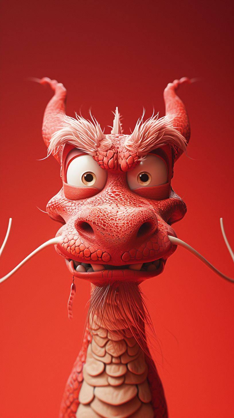 Red Chinese dragon, Disney animation characters by Zaha Yun, red background, Disney style, Alejandro Jodorowsky, movie poster, Zbrush, minimalism, close-up, two dimensional, twisted characters