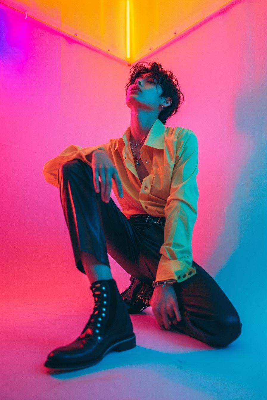 Photography of a full length Gen-Z boy posing in style. Abstract prism lighting photography of a full length Gen-Z boy posing in style.