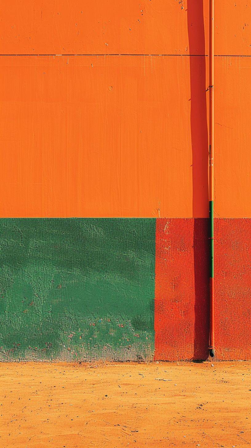 The orange background is large enough to view the ground, in the style of minimalist landscapes, captivating documentary photos, expressive color-field, red and green, vernacular photography, whimsical minimalism, and Japanese minimalism