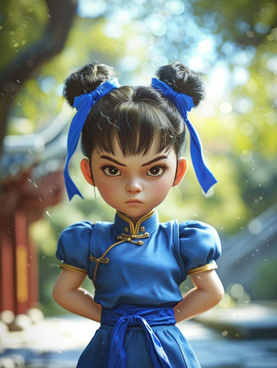 Photograph of Street Fighter character Chun-Li, exaggerated caricature of a 5 year old female fighting instructor, full body portrait, wearing characteristic blue cheongsam with blue ribbons - her hair is usually tied in a double bun with two blue ribbons, natural expression. Stylized by lilia alvarado and sarah andersen--Ar 3:4--style raw--stylize 300--v 6.0 --ar 3:4--stylize 6.