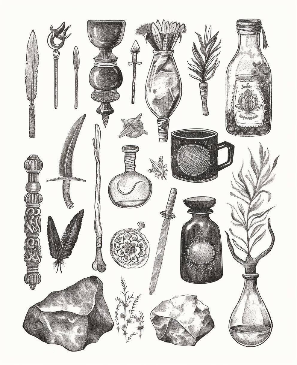 Simple thick line drawing of boho objects