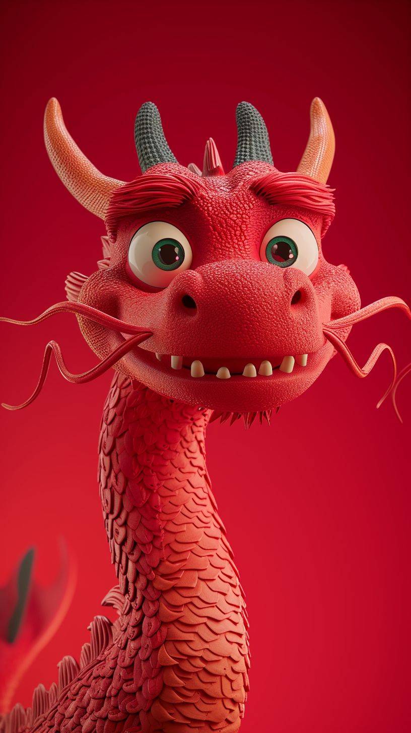 Red Chinese dragon, Disney animation characters by Zaha Yun, red background, Disney style, Alejandro Jodorowsky, movie poster, Zbrush, minimalism, close-up, two dimensional, twisted characters