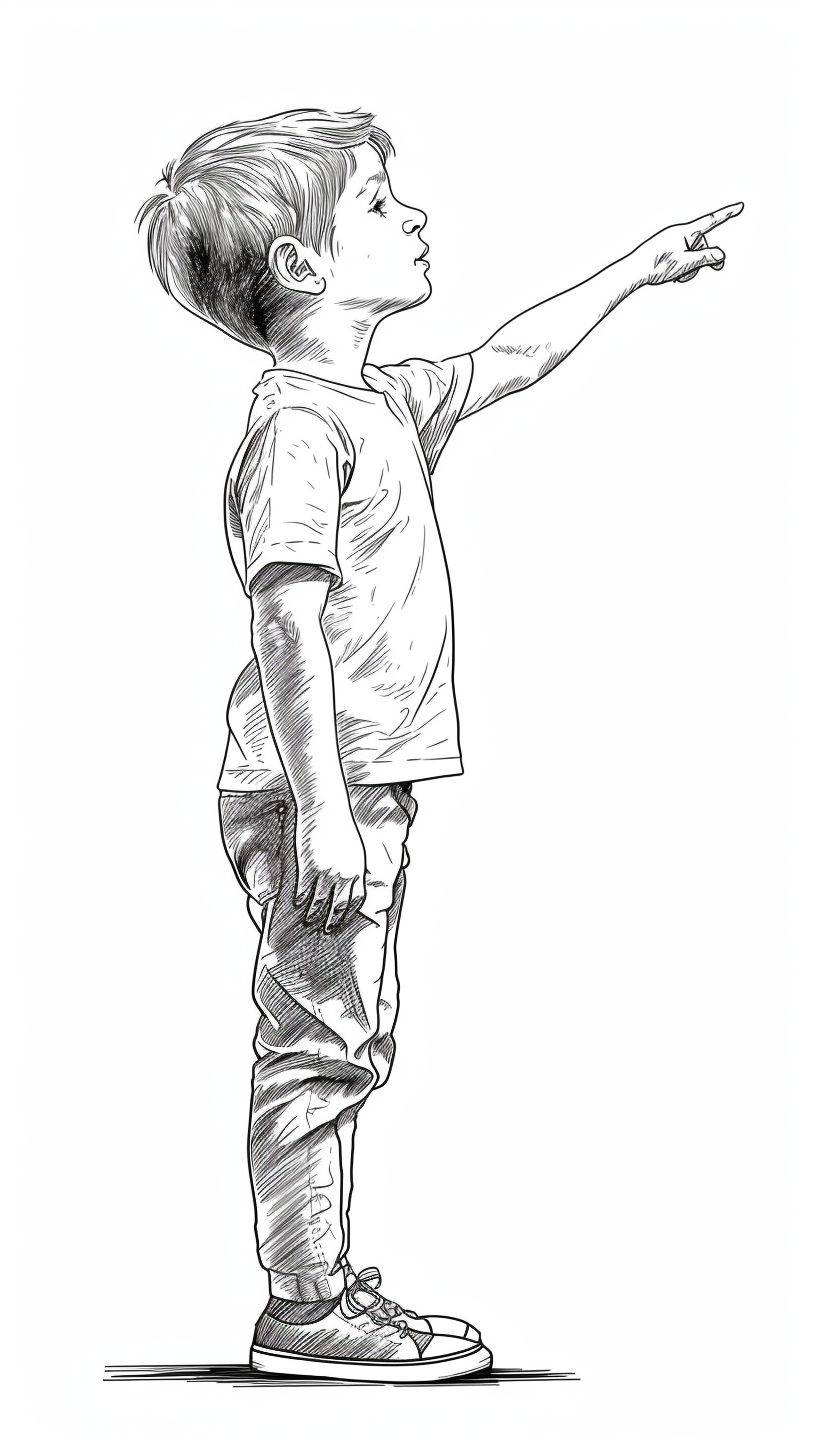 A cute, happy boy drawn from the profile. Looking to the side up reaching forward. The hand points to the right. Cute ink sketch style illustration. Full body. Hands up right