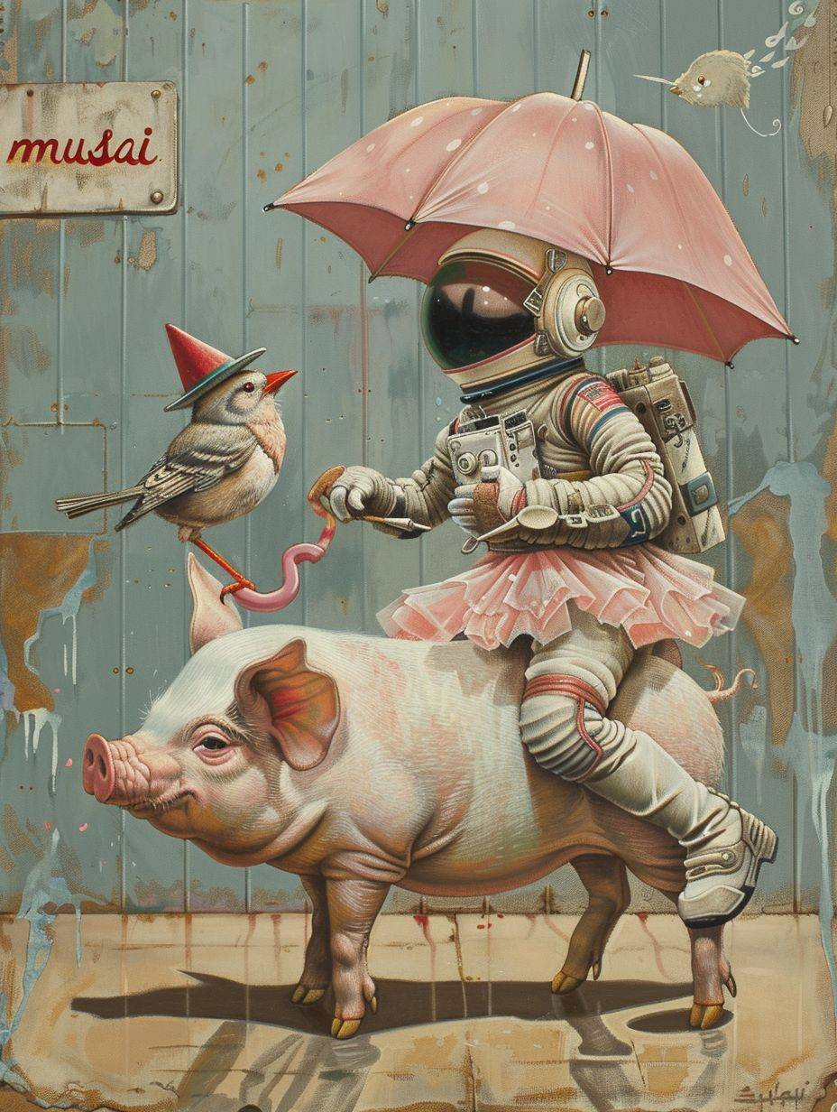 A painting of an astronaut riding a pig wearing a tutu holding a pink umbrella. On the ground next to the pig is a robin bird wearing a top hat. In the corner are the words 'musesai' --ar 3:4