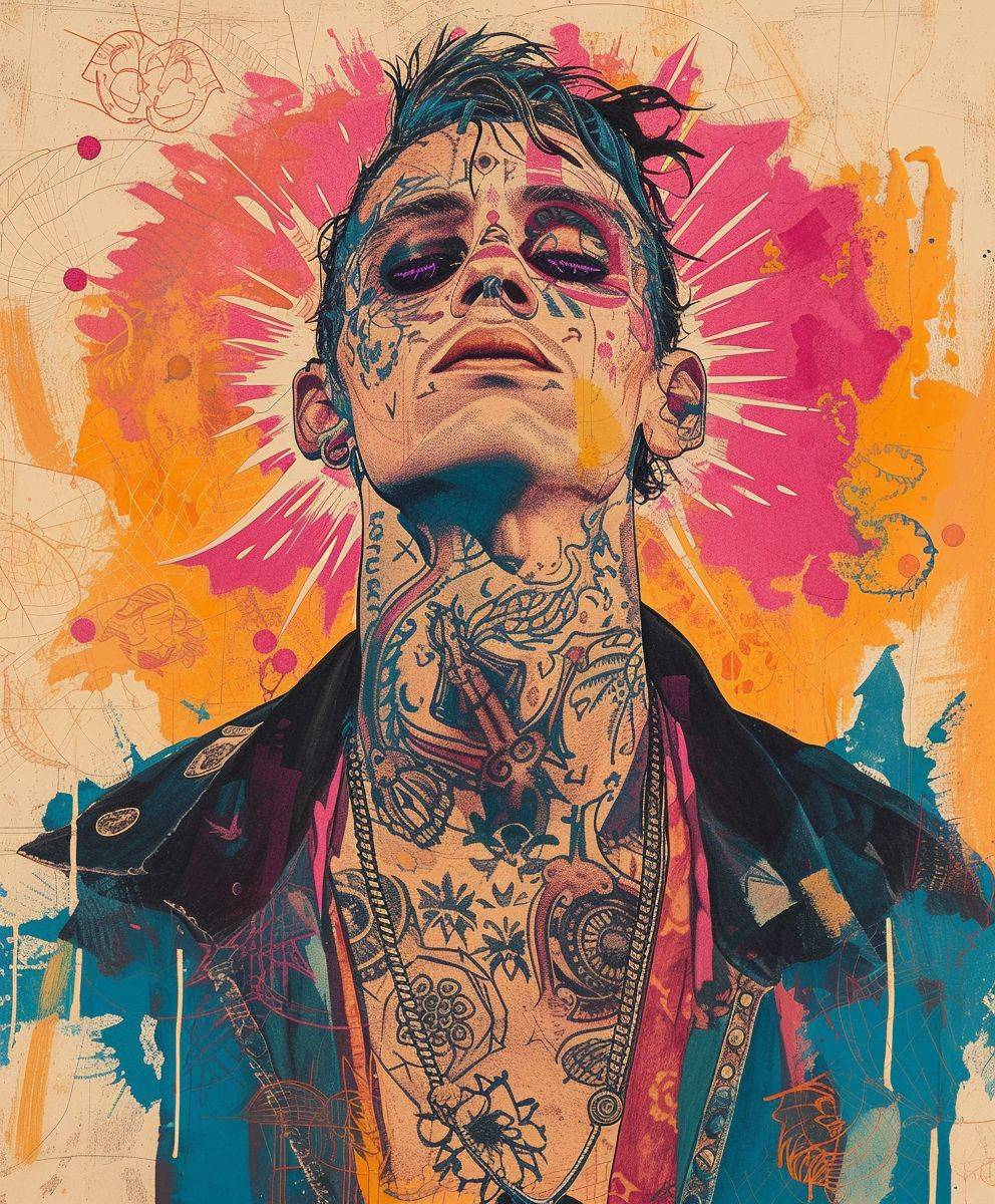 Imagine a tattooed [SUBJECT] set against a background that merges the cool tones of light [COLOR 1] with the warm hues of [COLOR 2], creating a vivid tableau of neo-punk rebellion. This scene, reminiscent of a desertpunk adventure, is crafted with the precision of traditional richness of oil portraiture, resulting in a colorful drawing that bursts with life in ultra-high definition --ar 5:6 --v 6