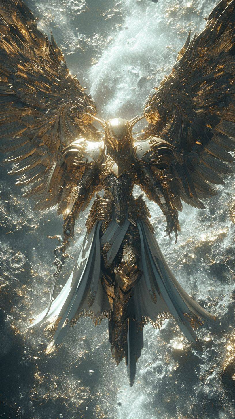 A golden, golden and silver wing guarded figure floating in the sky, in the style of deathcore, sci-fi anime, dark and intricate, sharp angles, dark white, kingcore, majismo--style raw--ar 9:16 --v 6 --stylize 250