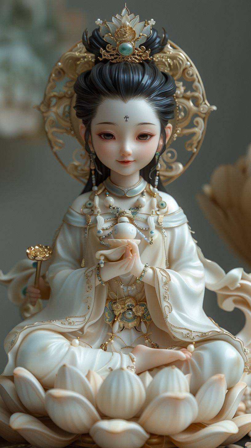 A lovely Guanyin wearing white ancient clothes, with a relatively chubby baby face, big eyes, looking very happy and particularly arrogant, strong, impressive, and elegant in jeweled attire. Holding a white fairy jade bottle and sitting on a golden lotus flower, counting gold, exuding a rich presence amidst floating gold coins. The background is bright and simple, with noise reduction and ultra-clear details throughout the full-body portrait, including extreme hand details, OC rendering, C4D, 3D--ar 9:16--v 6--stylize 400