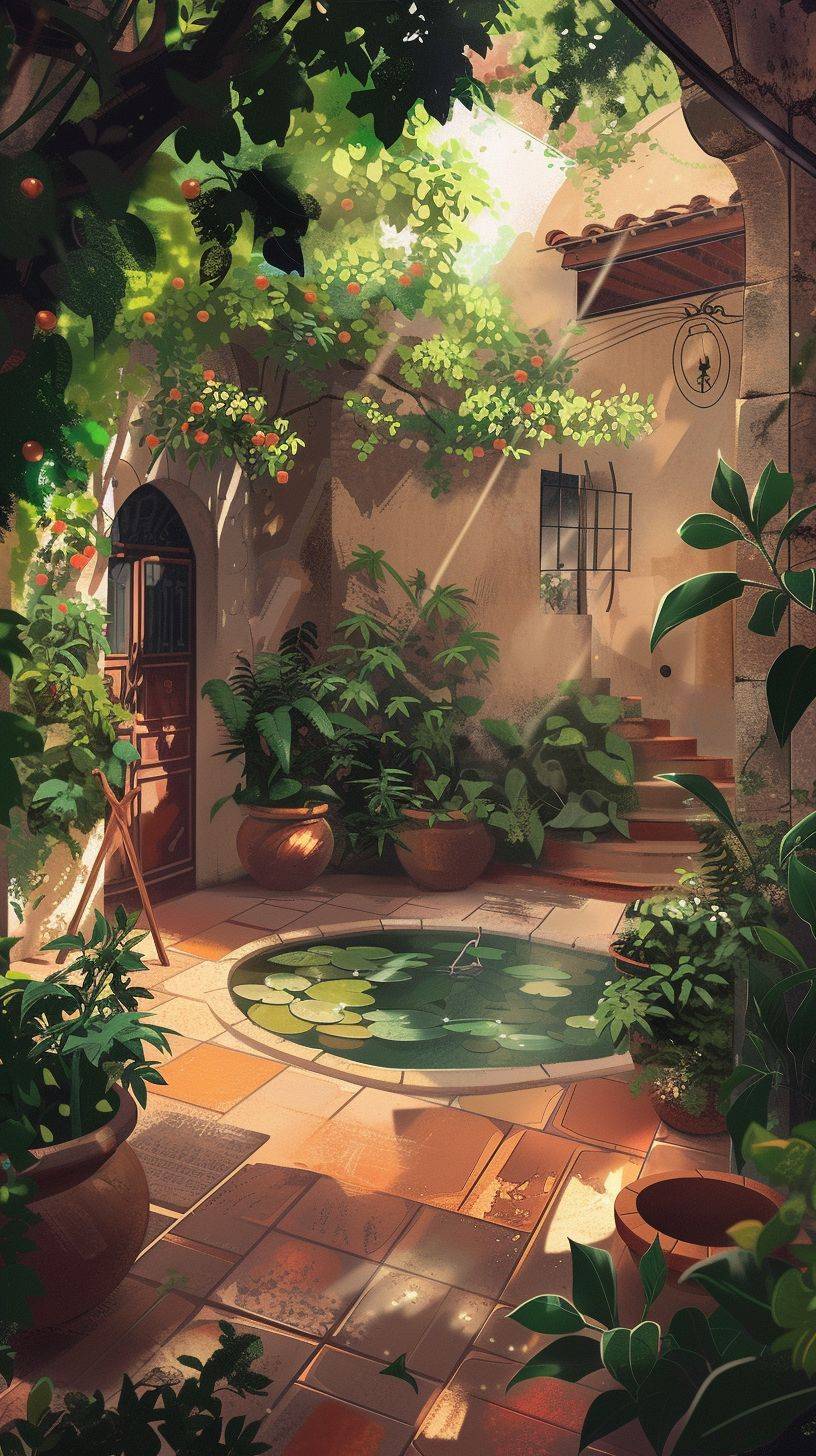 Book cover illustration featuring a small Mediterranean garden with lush olive and fig trees, water features, terracotta pots, and a dreamy, magical ambiance.