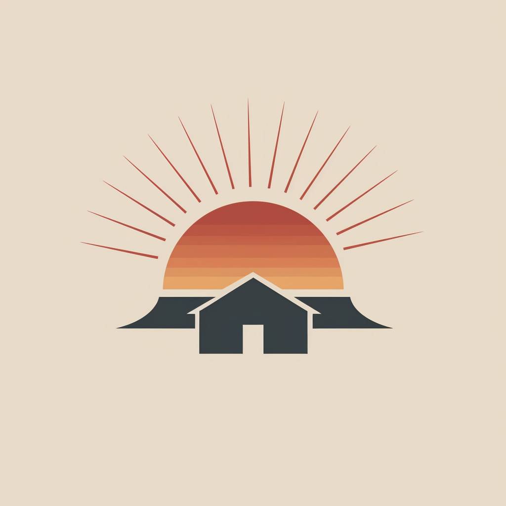 Minimalist logo featuring the silhouette of a house's roof with the sun rising directly behind it, solid color for the house, no windows or doors, subtle roof outline, dynamic sun rays emphasizing the roof's edge, conveying warmth, renewal, and home comfort, clean and simple design.