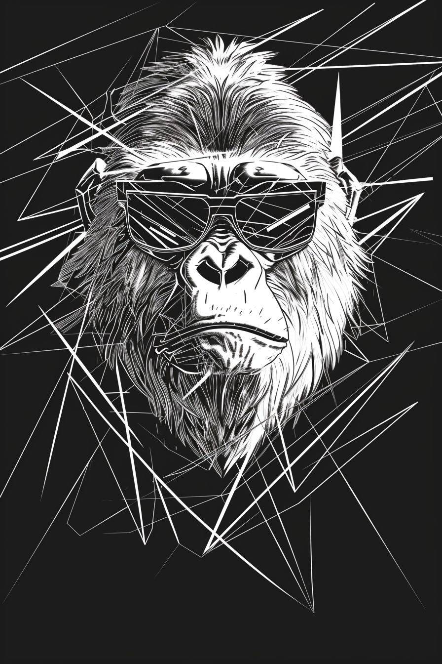 Abstract gorilla T-shirt design. Deconstructed minimalist line drawing. Fractal split effect. High fashion style of Dolce Gabbana and Balenciaga