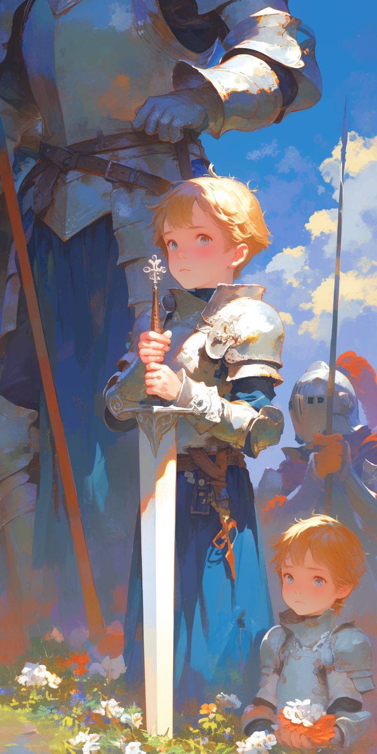 少年が友達と一緒に騎士ごっこをしている様子、架空的なアートのスタイルで夢幻的で可愛らしく、緻密な筆使い、魅力的なキャラクター