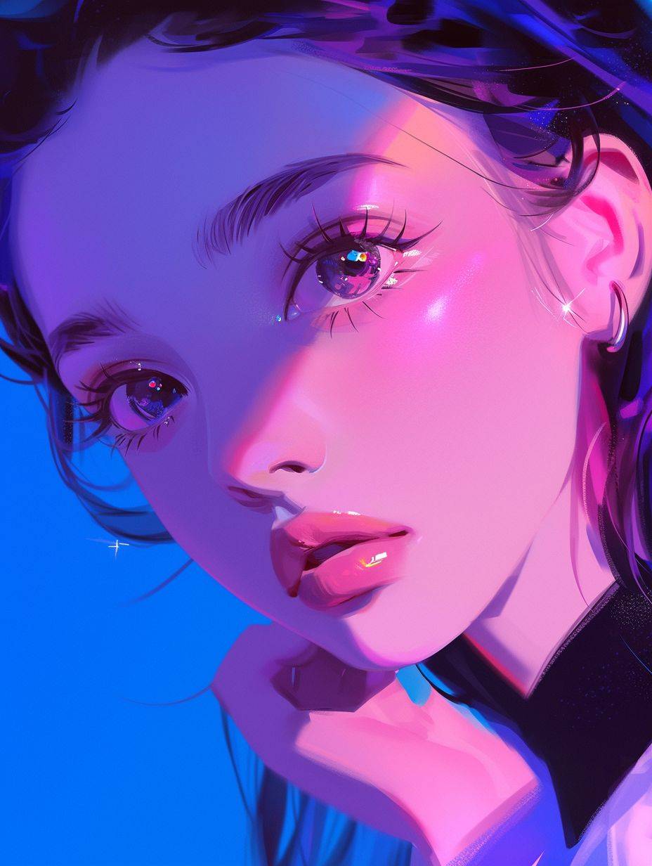 A digital [subject] with vibrant anime art style shines in a palette of dark [color1] and [color2], In the style of artists Shilin Huang and Guillaume Seignac. Exudes an aura of [mood], perfectly blending the elements of [theme] and ethereal beauty. The eyes, brimming with life, sparkle with a mesmerizing shine, adding a touch of spectral fascination to her already captivating presence --ar3:4 --niji6