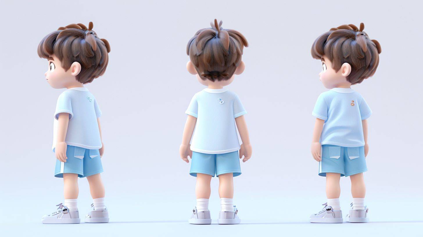 Blind box IP style, full body view, front view, left view, rear view, a cute little boy looking at the audience, smiling, wearing short sleeves, shorts, sneakers, standing naturally, bubble matte style, pink blue, pure white background, 3D, 8K, best quality, super detail, C4D, mixer, OC shader, ultra high definition, ray tracing, 3D effect