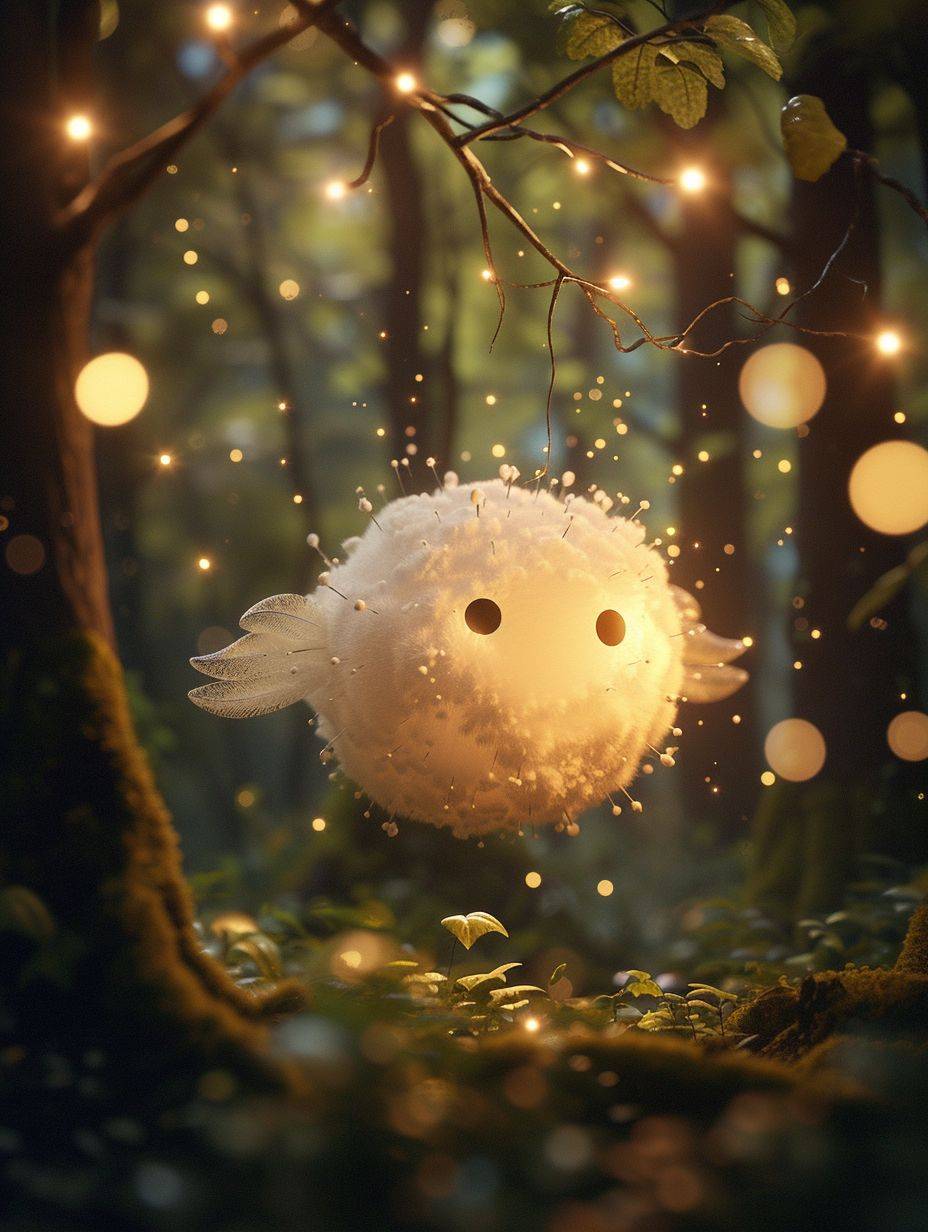 Cute floating puffball with luminescent spots and tiny wings, 3D print illustration, smooth animation, twinkling starlit scenery