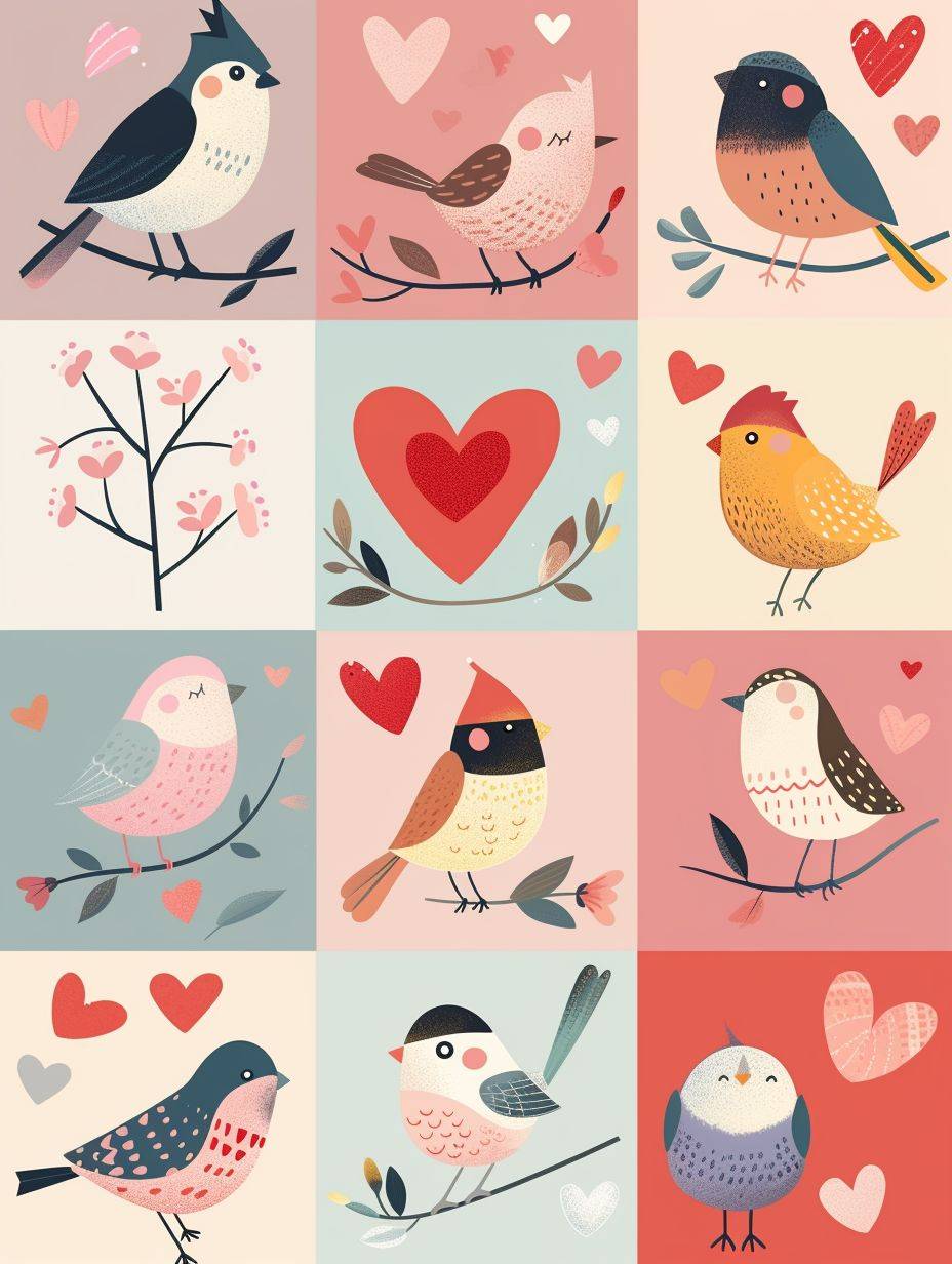 A grid of cute, funny, sweet Valentine's Day cards for elementary school, no text, Sparrows style, aspect ratio 3:4, 6 cards
