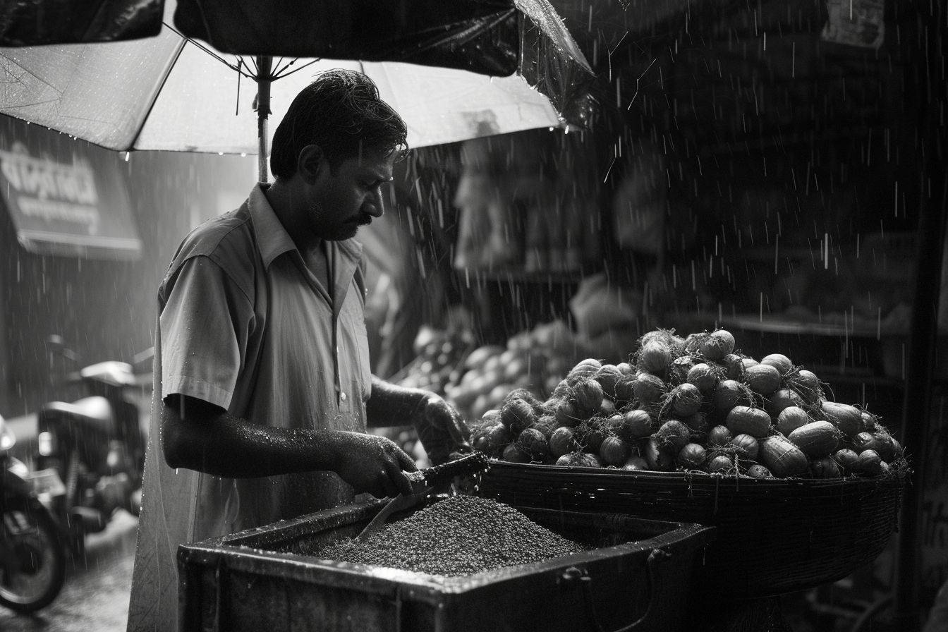 An Indian street spice vendor peddling his wares in the rain, black and white photography, ambient occlusion
