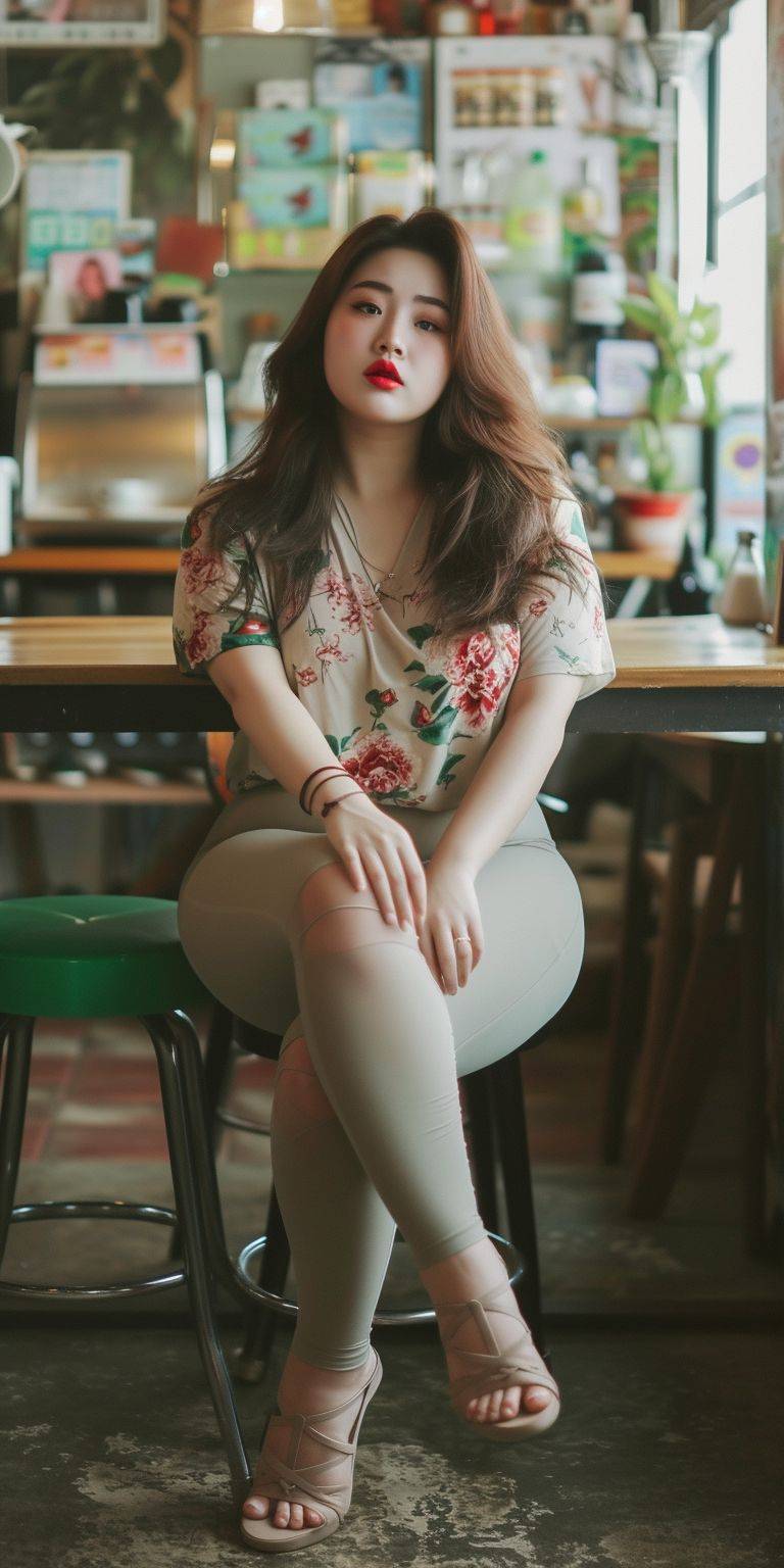 Asian voluptuous beauty, wearing a floral T-shirt and leggings, with high heels, sitting in a coffee shop, full figure, real photo