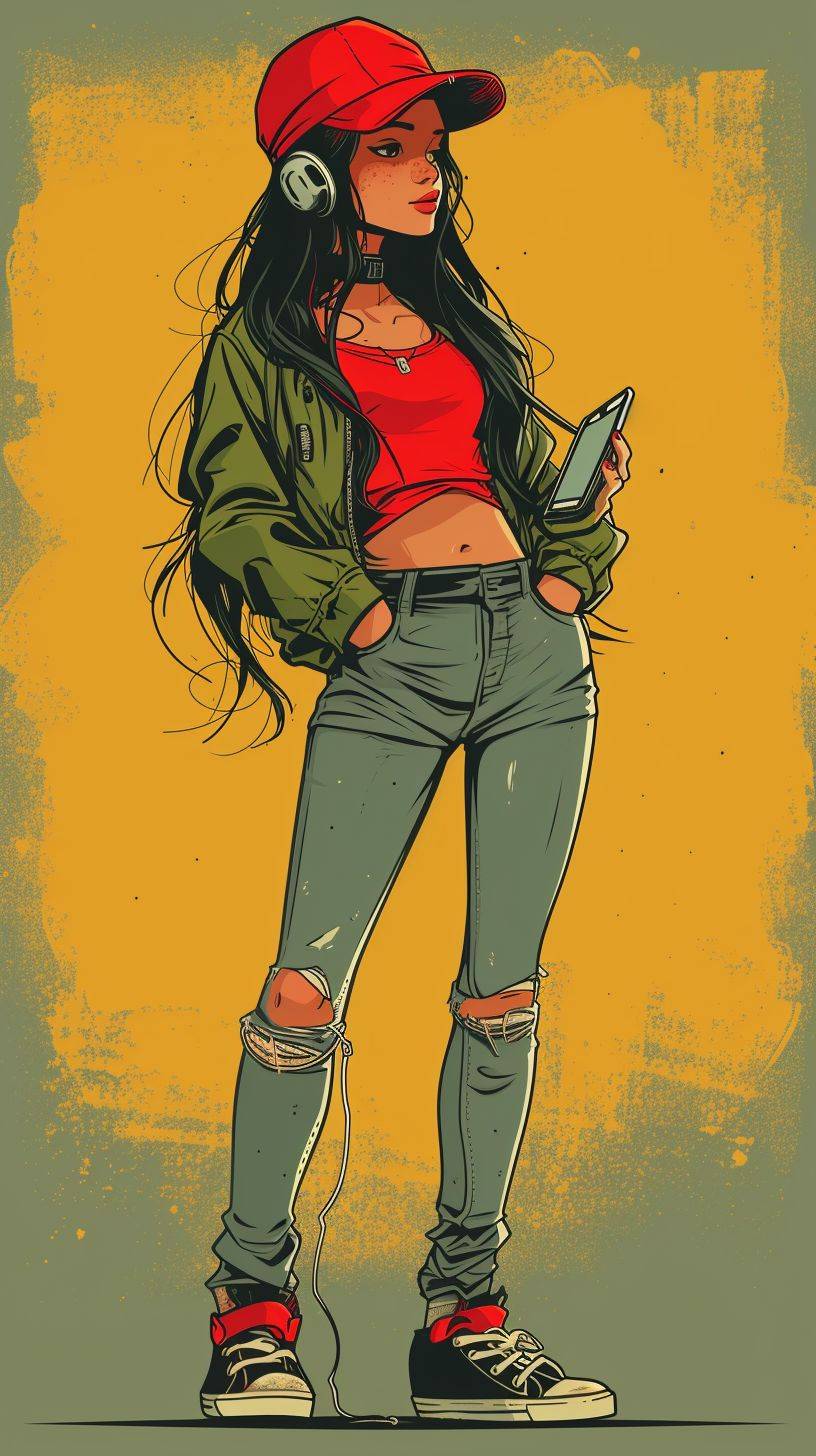 Comic of a young intellectual girl, with a cell phone and AirPods Pro Max, full-length character floating in the air, fashionable, punk style, flat color background