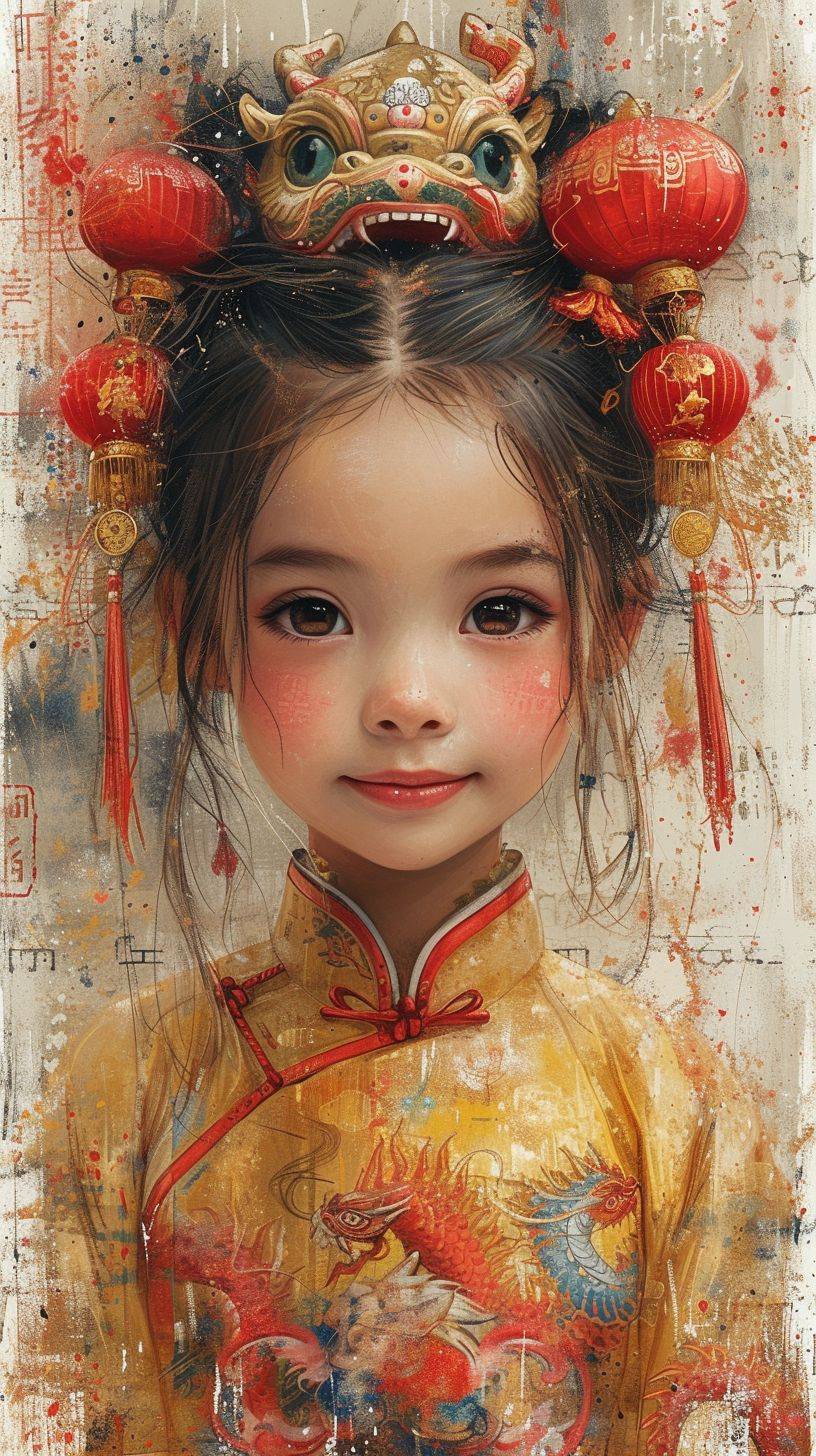 Chinese dragon painted by Wuguanzhong, adorable Chinese little girl, fireworks, very cute Chinese dragon funning, lanterns, smile, single color, red, celebratory, harmonious, joyful, soothing, elegant, happy new year, foil print, rendering with dots, flat illustration, vector illustration, line composition, sample detail, minimalism