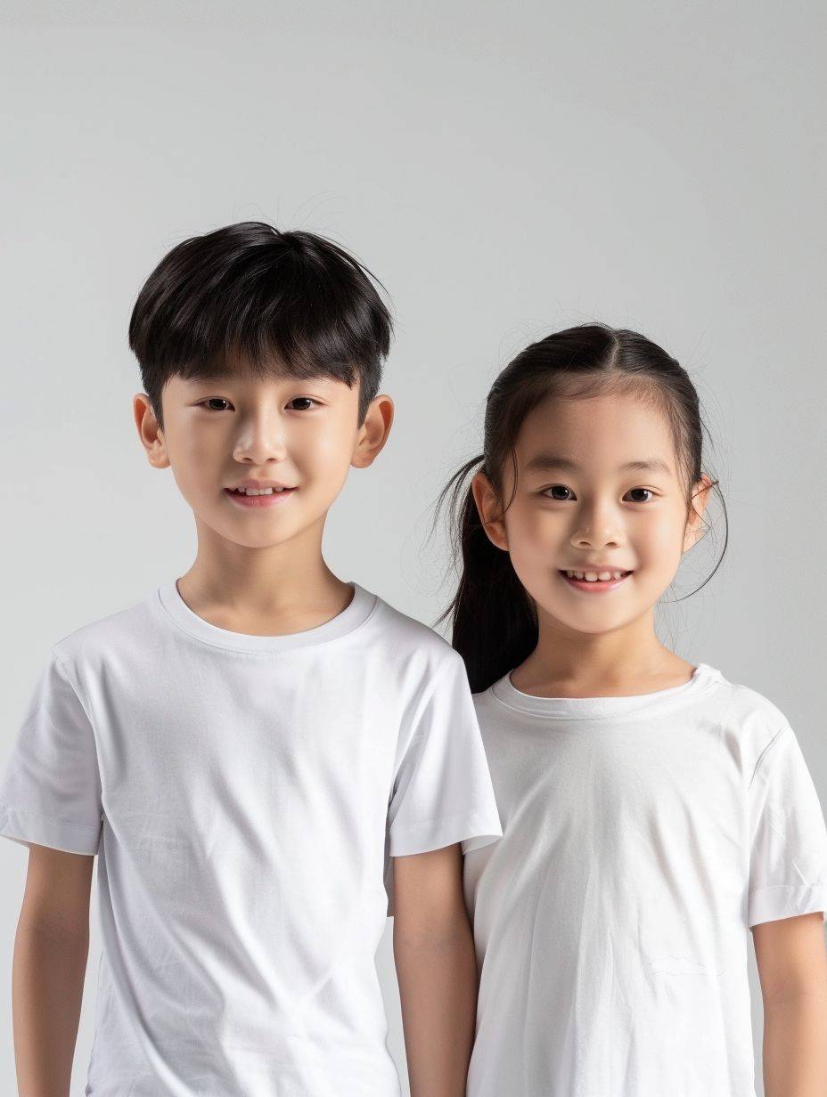 Advertising photography - a beautiful Asian boy and girl, wearing white t-shirts, skincare, bright, white background