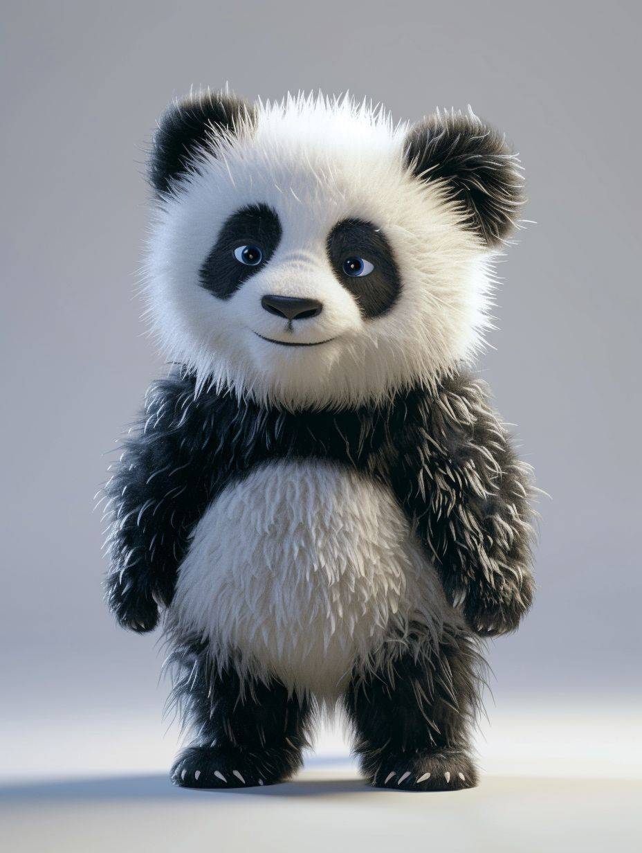 A furry and cute panda standing, full body, in realistic style, with super detail