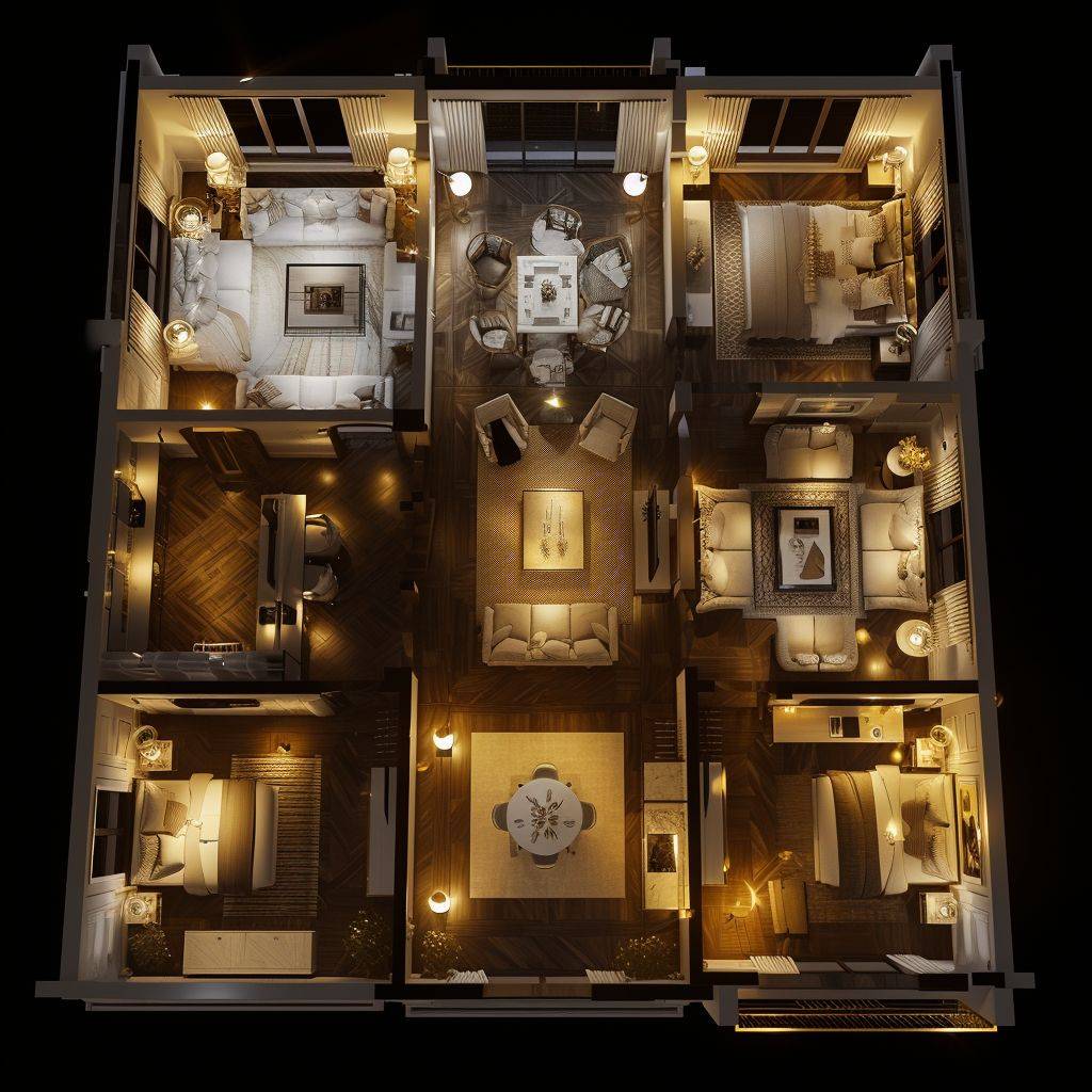 3D scan of a flat house with the floor plan and furniture, in the style of luxurious and sophisticated themes, domestic scenes, realistic and hyper-detailed renderings, dark ivory and light gold, cute and dreamy