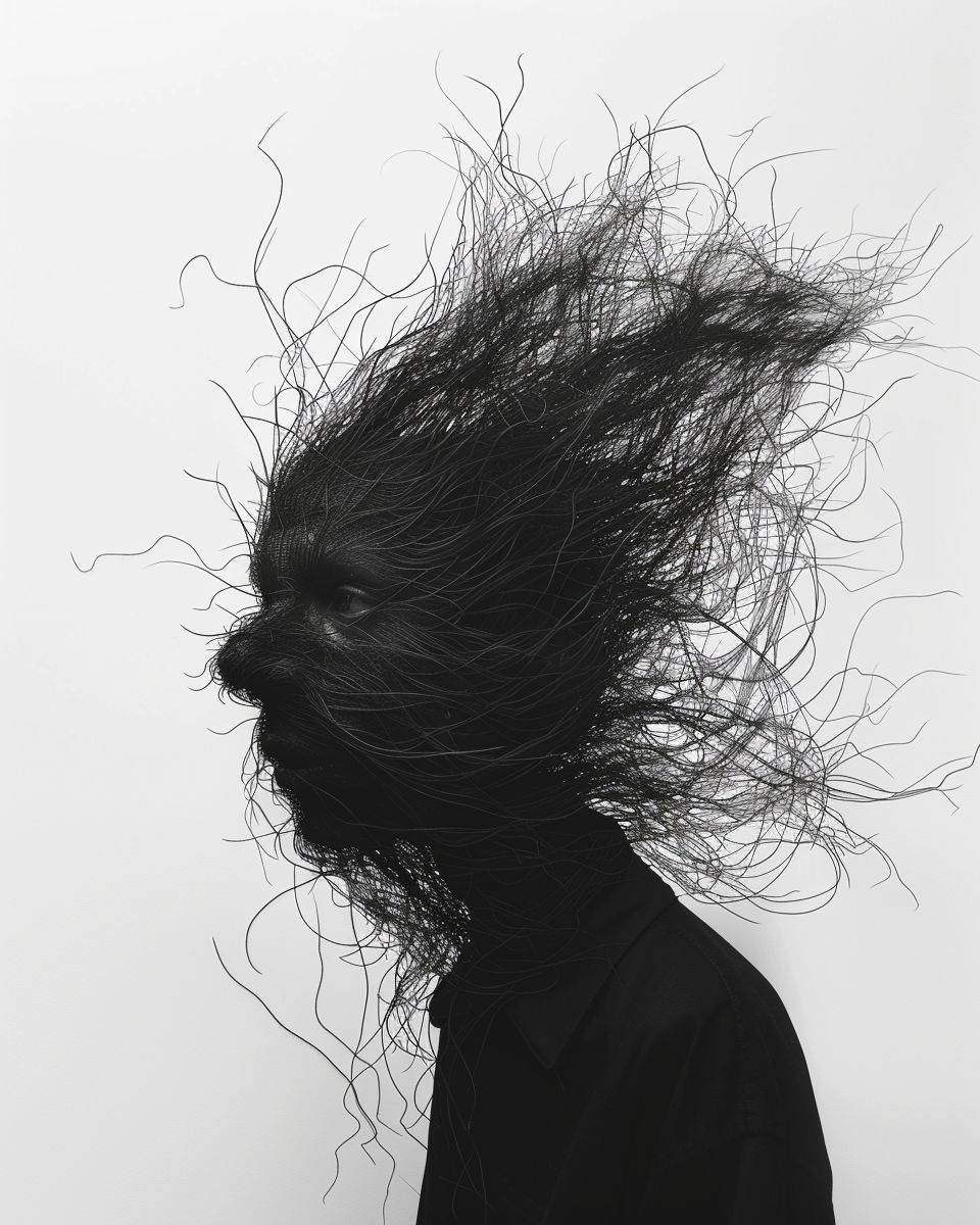 Portrait photograph of a monster with a face and head full of hair, minimalist composition, solid white background --ar 4:5 --stylize 250