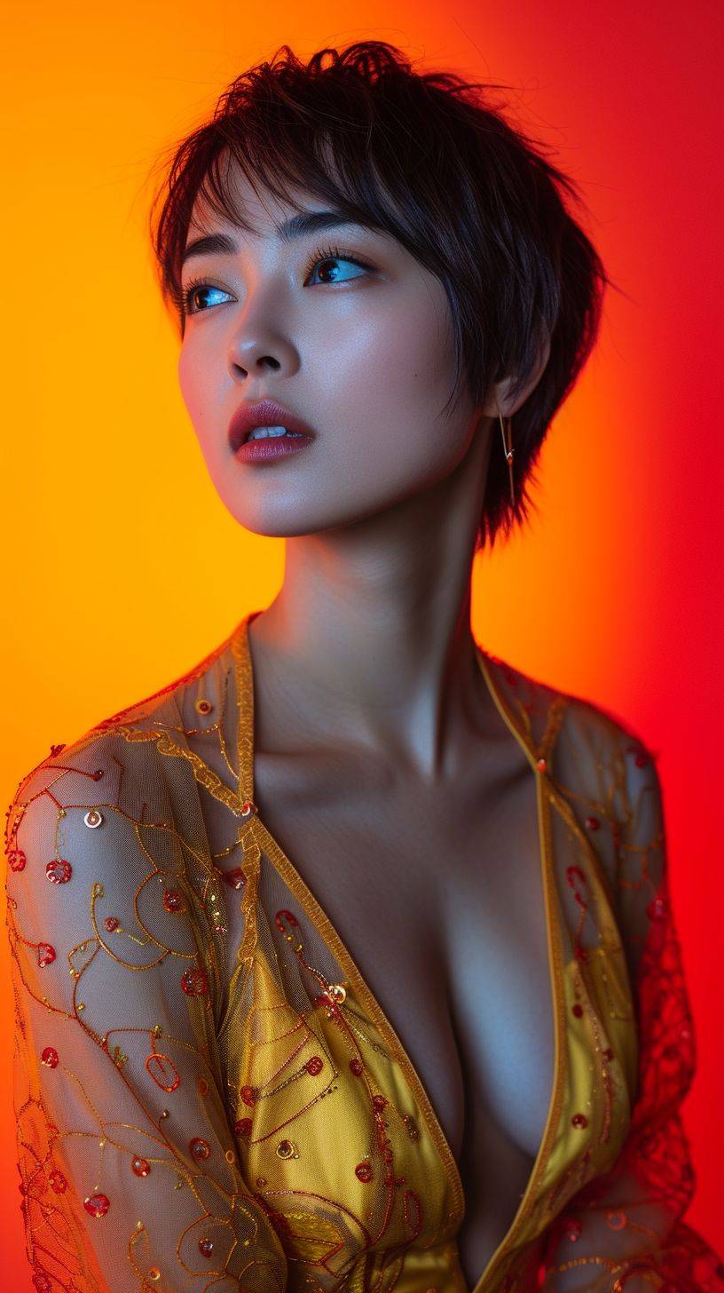 Magazine cover, studio photograph of a gorgeous Chinese model with short straight hair, in a fancy low cut dress. The camera angle is low and dramatic. The colors are orange, red, and yellow.