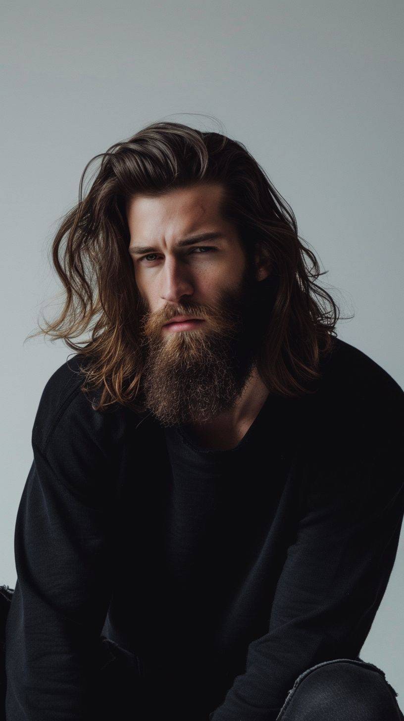 Photograph, man, model pose, minimalist, stylish long hairstyle, beard, profound gaze, solid white environment, studio lights setting