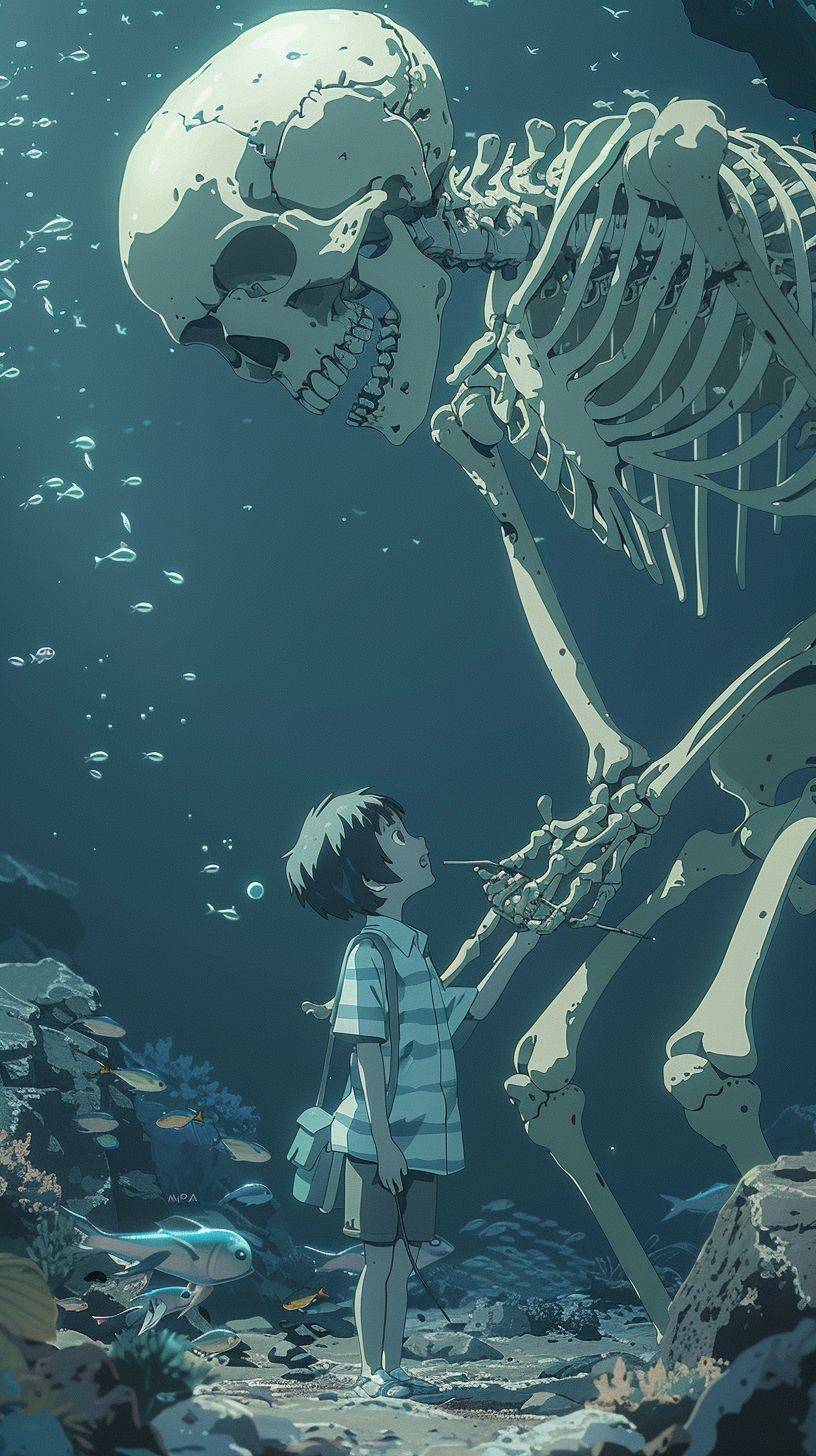2D cel animation, A scene from an animation, pixiv, anime style, Full Body, panorama, elaborate, depth of field, The moment a skeleton fishes out a fish bone, shading, in the style of Kōhei Horikoshi, studio MAPPA, Jean Giraud, Anti-Aliasing, Super Detailed HDR, Megapixel, insanely detailed, cinematic quality, hyper realistic, 24k, extremely detailed