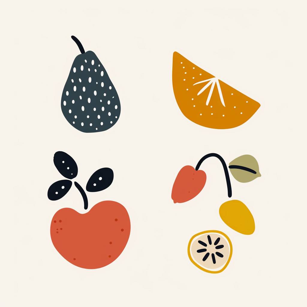 Small clipart set of 4 simple fruits, in the style of nursery art, non uniform shapes, with a dusty appearance, in the style of minimalist graphic designer, bold shapes, subtle tonal range, tinycore, icon, sophisticated woodblock, whimsical minimalism, tinycore, isolated on white background