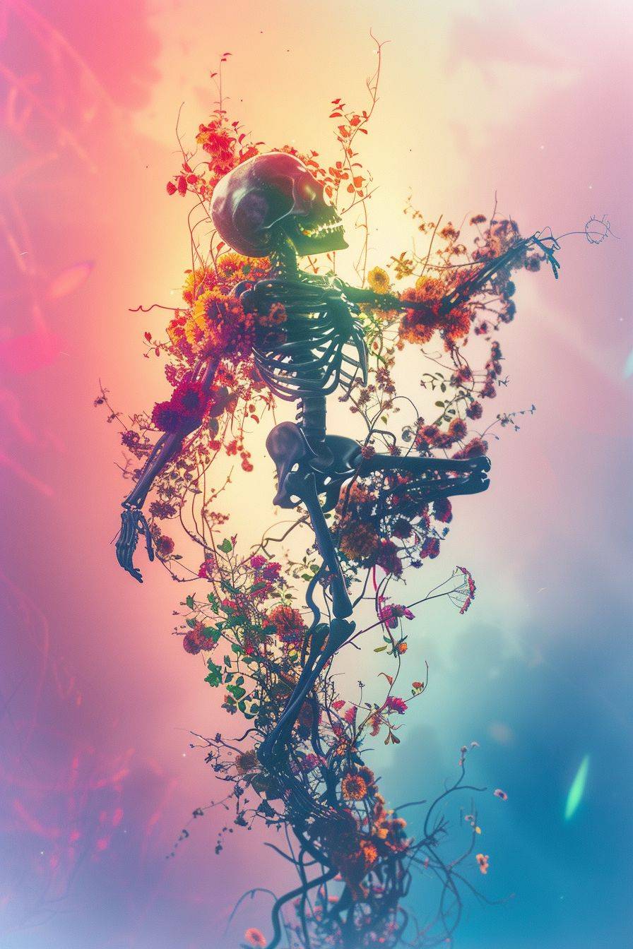 Dancing female astronaut, skull, surreal landscape, haze, minimalistic, floral, overgrown by vines and roots, skeleton, nature, vibrant colors, translucent