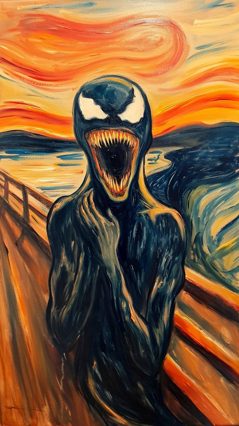 エドヴァルド・ムンクの『叫び』のようなメームアートスタイルでのヴェノムの悲鳴、明るいオレンジ色と薄いブラック、伝統的な油絵、劇的なシーン、感情的な表現、効果的なキャラクター、不気味な風景、ドライなユーモア。