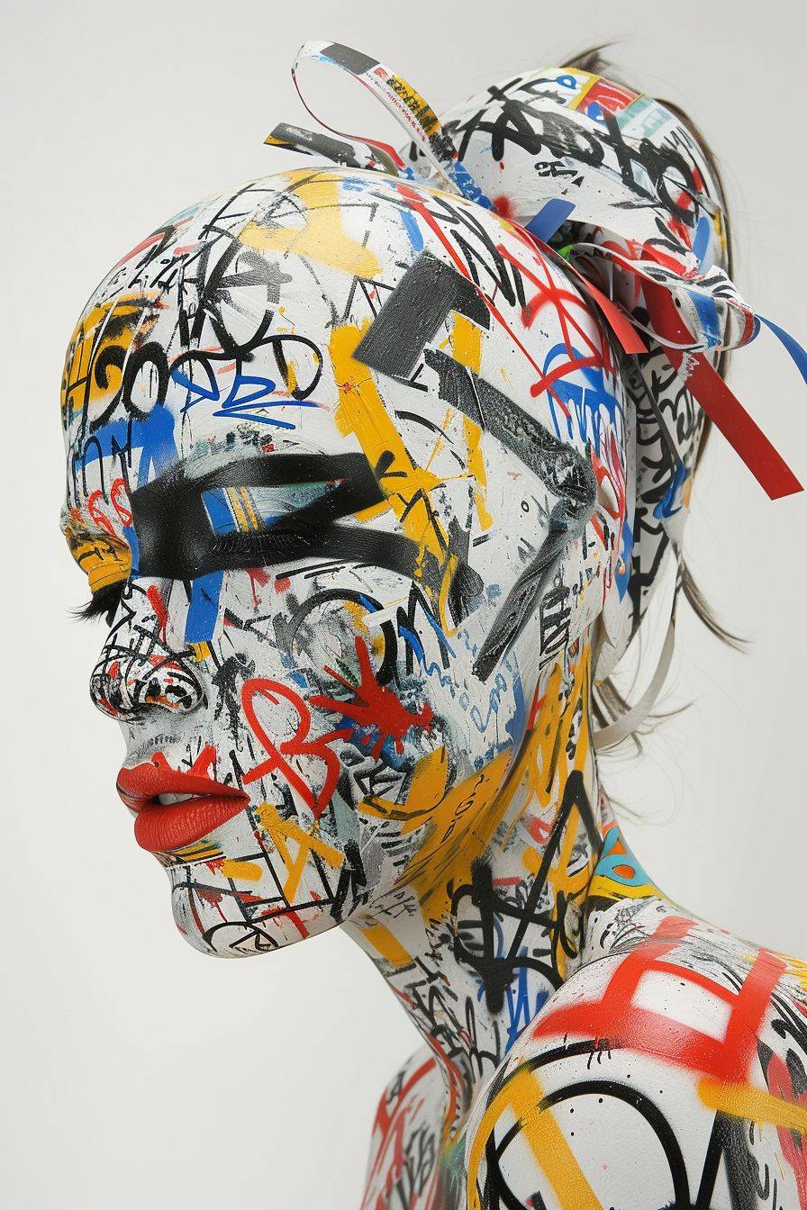 An attractive woman adorned with wildstyle graffiti. The intricate and dynamic graffiti lettering covers all the surface, featuring bold tags, complex shapes, and bursts of contrasting colors. The minimalist white backdrop enhances the focus on the graffiti-covered woman, creating a visually dynamic and thought-provoking composition. The clash of the woman with the energetic chaos of wildstyle graffiti symbolizes the intersection of political expression and contemporary urban culture in a clean and minimalist setting.