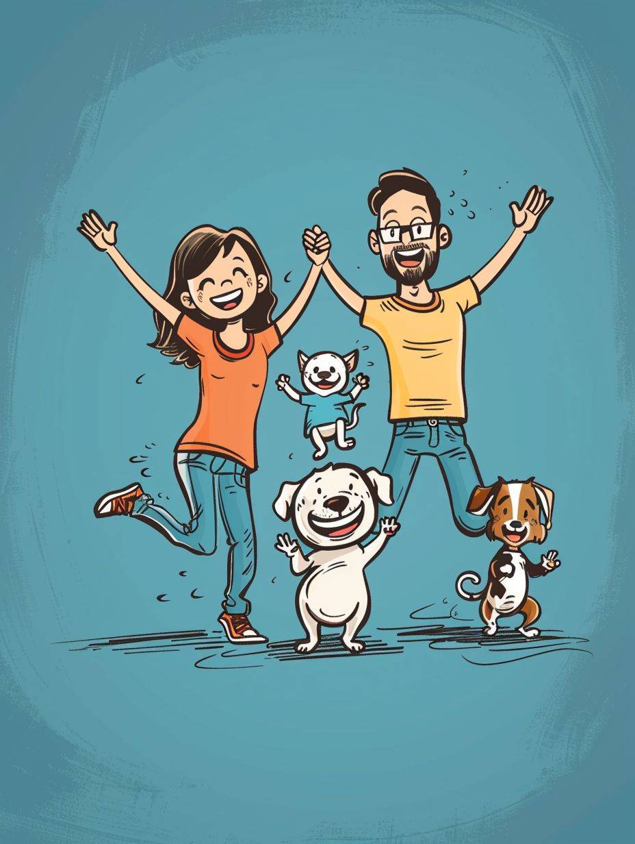Cute cartoon family portrait, 2 adults, 2 kids, 2 pets, full body, jumping, blue, doodle in the style of Keith Haring, sharpie illustration, bold lines, in the style of grunge beauty, mixed patterns, text and emoji installations