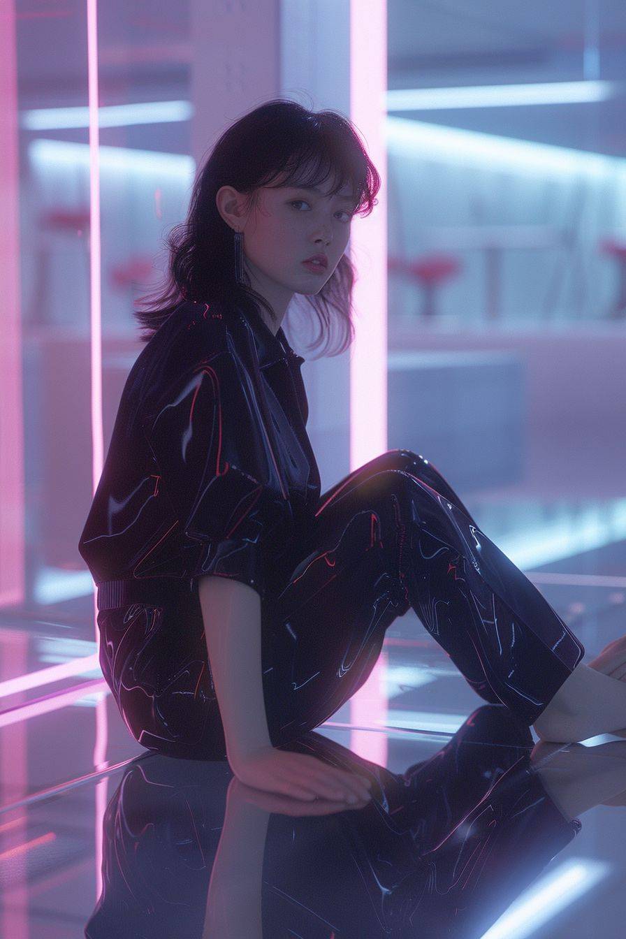 Stealth photo of a Japanese Z generation actress Unnoticed Reflection, full body, Nana Komatsu Style, social media portraiture, rendered in Cinema4D, optical, outrun --ar 2:3