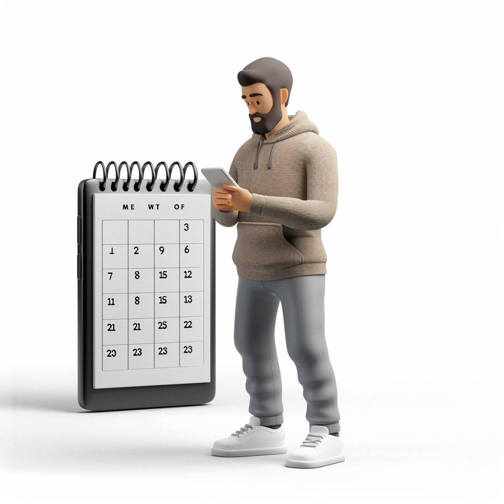 3D model of a man using a smartphone with a calendar behind him, featuring a realistic design, clean lines, and a simple color scheme against a white background