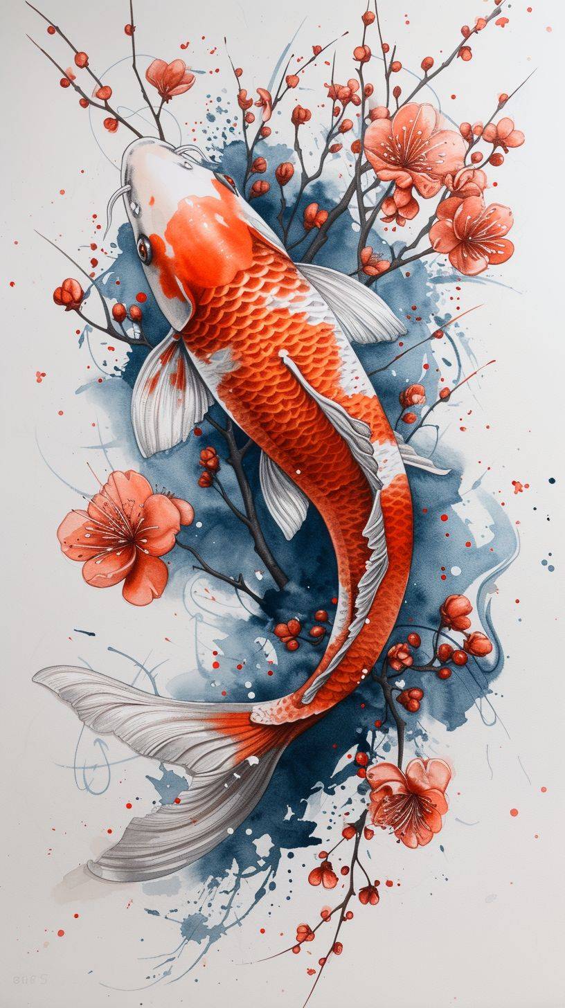 Chinese red and white watercolor painting of koi fish and flowers