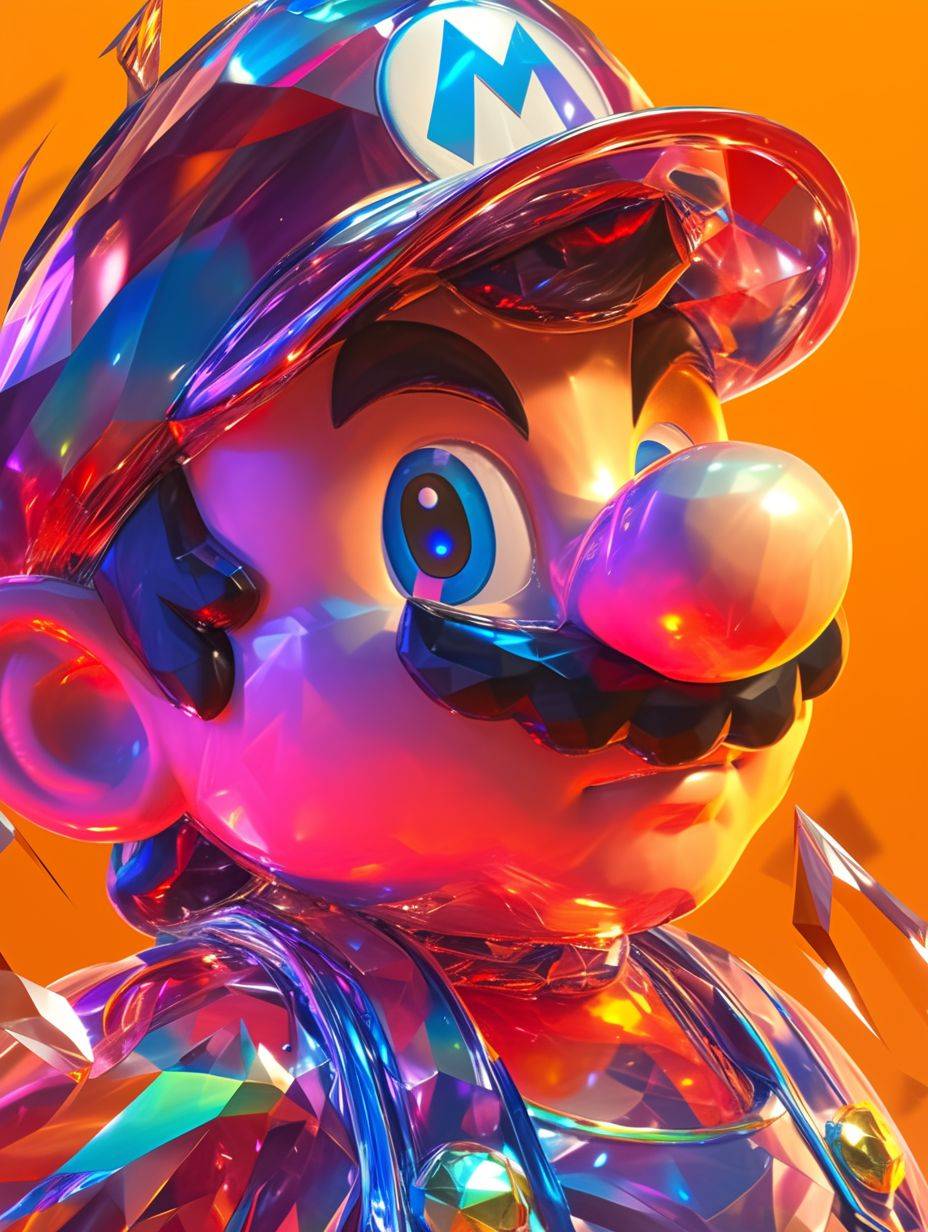 Super Mario wearing a semi-transparent fluorescent holographic raincoat, body, colorful background, pouncing. Lens, extreme close up, focus on face, IP by POP MART, blind box, combine, info, diamond, metallic