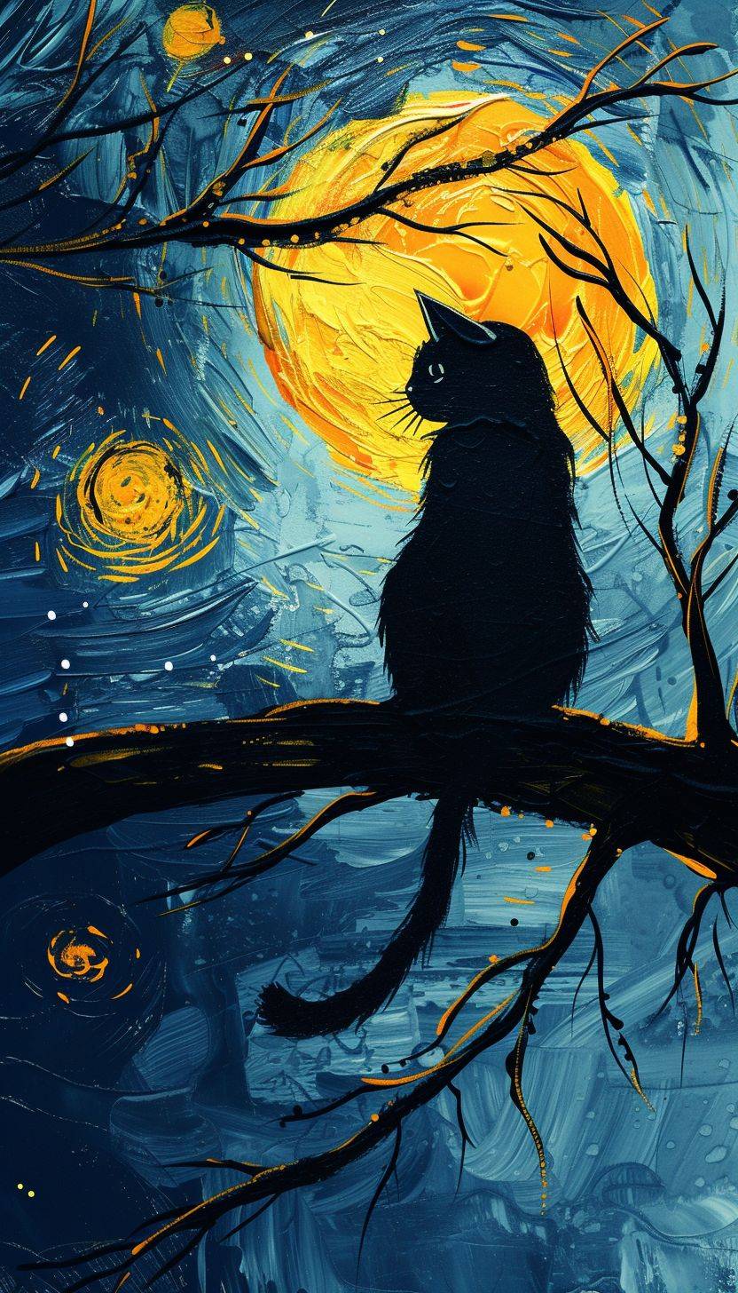 Silhouette of a cat on tree branch in Van Gogh's Starry Night