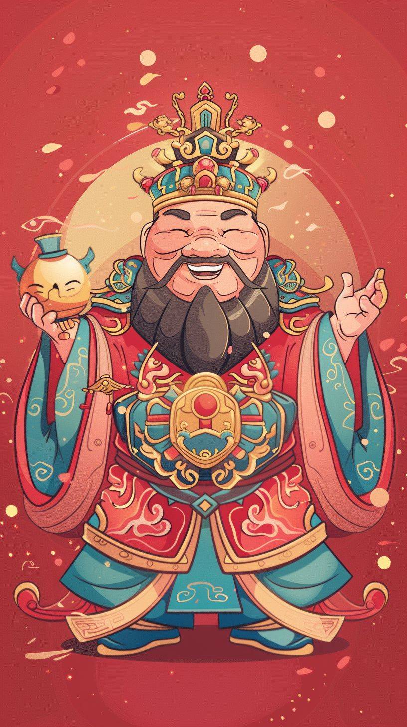 Cute Chinese God of Wealth, hand-drawn in a sketch style, holding a shiny large ingot in hand, with a smiling face. The artwork features a minimalist design with a simple and clean light red background. It is a full-body portrait with bright lighting and soft, sophisticated colors. The illustration is in a cartoon style with intricate details.