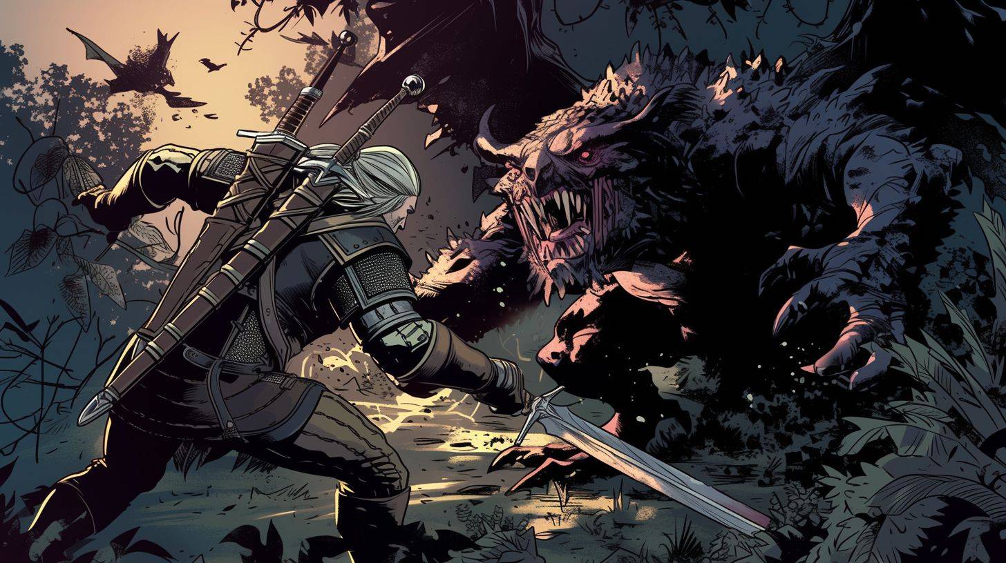 Geralt of Rivia is depicted fighting a monster in the forest in the style of detailed comic book art, with full body intensity, using light magenta and dark gray, foreshortening techniques, cartoon violence, Tintoretto, dark gray and sky-blue, and sharp edges.