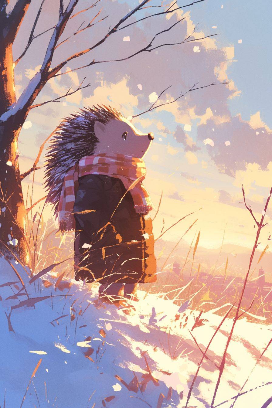 冬の風景の中でコートとマフラーを着用したかわいい小さなハリネズミが木のそばに立っています。柔らかい、ぼやけた筆使いとミニマリストな背景、アニメーションのようなアート、Xbox 360 グラフィックス。