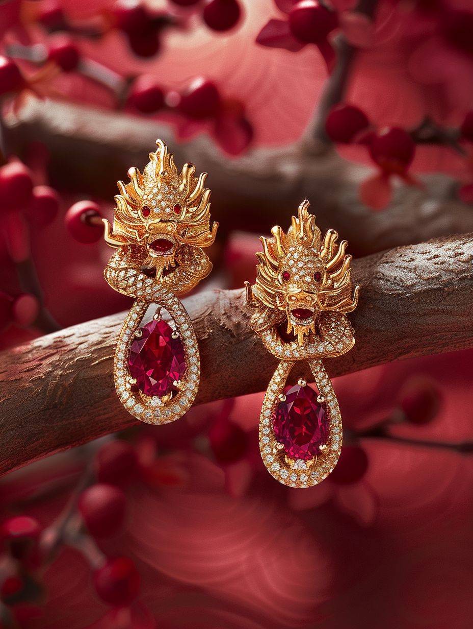 Pair of ruby Chinese dragon head diamond yellow gold earrings, Chinese style, David Yurman style, fine rendered texture, yellow gold pattern, delicate, 8K, commercial photography, Chinese New Year red background