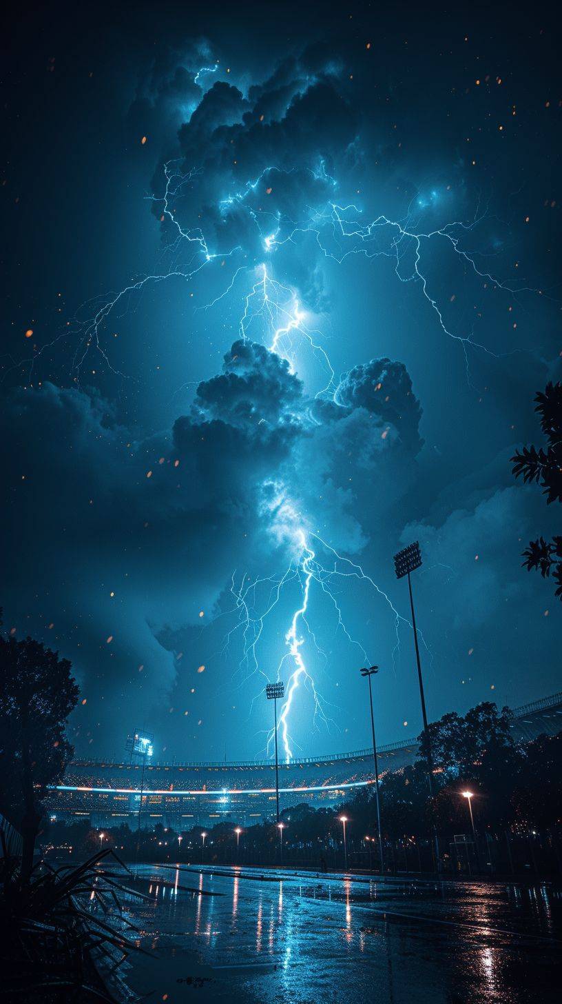 Highly realistic photography: A lightning bolt falls from the sky onto the football soccer stadium