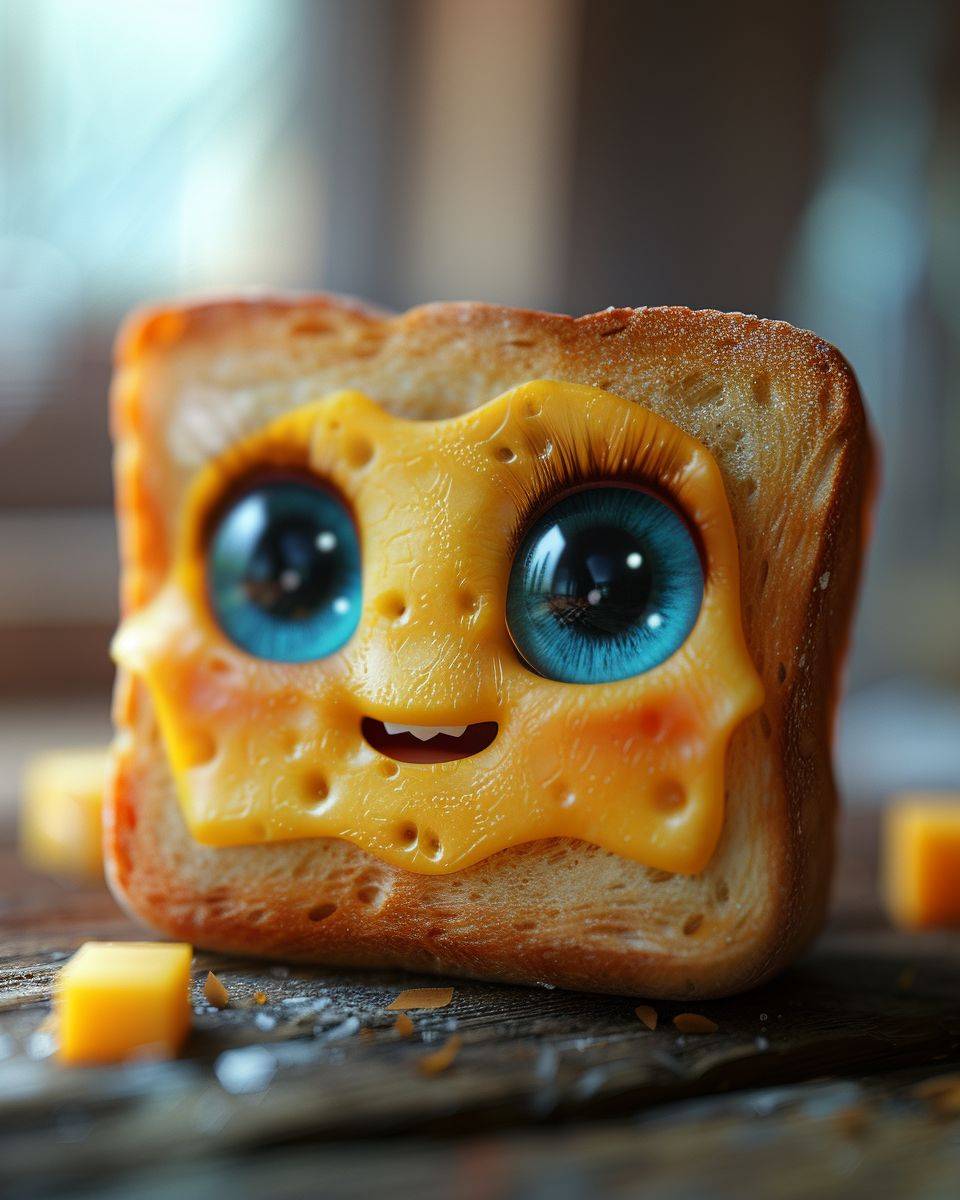 Toast with big blue eyes, made of cheese, cute with a strong happy facial expression, in the style of unreal engine 5, tilt shift, raw style, aspect ratio 4:5, field of view 6, stylize 550