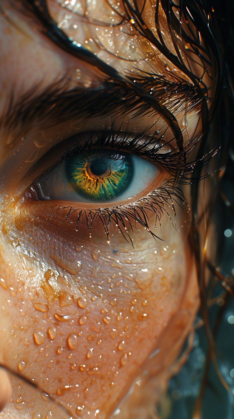 An eye caught in a water drop, in the style of Cryengine, Pegi Nicol Macleod, realistic genre scenes, hauntingly beautiful narratives, ultra realistic, Thomas Saliot, close up